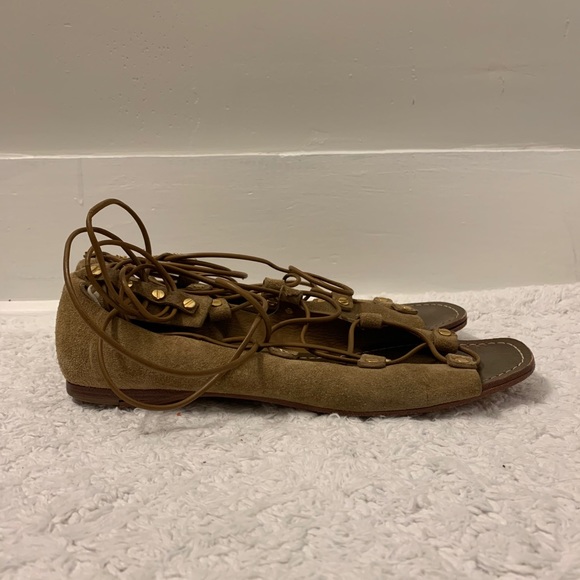 Tory Burch Suede Lace Up Peep Toe Flats - Picture 6 of 6